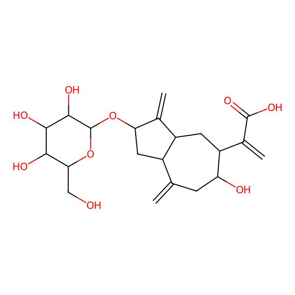 2D Structure of 2-[(2S,3aS,5R,6S,8aR)-6-hydroxy-3,8-dimethylidene-2-[(2R,3R,4S,5S,6R)-3,4,5-trihydroxy-6-(hydroxymethyl)oxan-2-yl]oxy-1,2,3a,4,5,6,7,8a-octahydroazulen-5-yl]prop-2-enoic acid