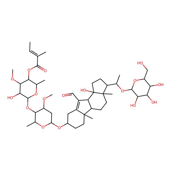 2D Structure of [(2R,3R,4R,5R,6S)-6-[(2R,3R,4S,6R)-6-[[(3S,3aR,5aS,5bR,8S,10aS,10bS)-10-formyl-10b-hydroxy-3a,5b-dimethyl-3-[(1S)-1-[(2R,3R,4S,5R,6R)-3,4,5-trihydroxy-6-(hydroxymethyl)oxan-2-yl]oxyethyl]-2,3,4,5,5a,6,7,8,9,10a-decahydro-1H-cyclopenta[a]fluoren-8-yl]oxy]-4-methoxy-2-methyloxan-3-yl]oxy-5-hydroxy-4-methoxy-2-methyloxan-3-yl] (E)-2-methylbut-2-enoate
