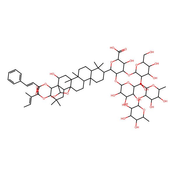 2D Structure of (2S,3S,4S,5S,6S)-6-[(1R,2R,4S,5R,8S,10S,13S,14R,17S,18R,21R,22R,23S)-2,23-dihydroxy-4,5,9,9,13,20,20-heptamethyl-21-[(Z)-2-methylbut-2-enoyl]oxy-22-[(Z)-3-phenylprop-2-enoyl]oxy-24-oxahexacyclo[15.5.2.01,18.04,17.05,14.08,13]tetracosan-10-yl]-4-[(2S,3R,4S,5R,6R)-3-[(2S,3R,4R,5R,6S)-4,5-dihydroxy-6-methyl-3-[(2S,3R,4R,5R,6S)-3,4,5-trihydroxy-6-methyloxan-2-yl]oxyoxan-2-yl]oxy-4,5-dihydroxy-6-(hydroxymethyl)oxan-2-yl]oxy-3-hydroxy-5-[(2S,3R,4S,5R,6R)-3,4,5-trihydroxy-6-(hydroxymethyl)oxan-2-yl]oxyoxane-2-carboxylic acid