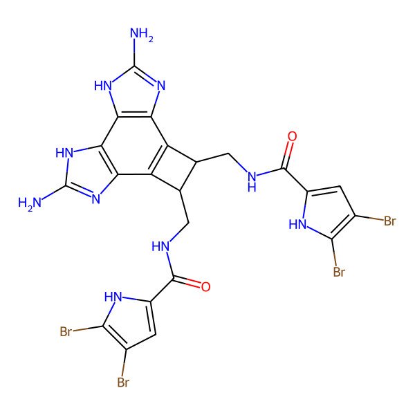 2D Structure of 4,5-dibromo-N-[[8,13-diamino-4-[[(4,5-dibromo-1H-pyrrole-2-carbonyl)amino]methyl]-7,9,12,14-tetrazatetracyclo[9.3.0.02,5.06,10]tetradeca-1(11),2(5),6(10),7,13-pentaen-3-yl]methyl]-1H-pyrrole-2-carboxamide