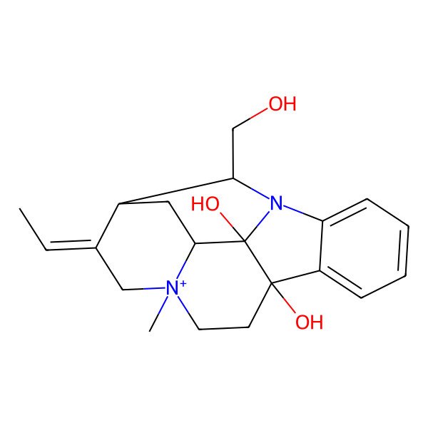 2D Structure of (8S,11S,13E,14S,16S,17S,18R)-13-ethylidene-18-(hydroxymethyl)-11-methyl-1-aza-11-azoniapentacyclo[12.3.1.02,7.08,17.011,16]octadeca-2,4,6-triene-8,17-diol