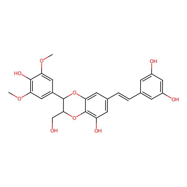 2D Structure of 5-[2-[5-Hydroxy-2-(4-hydroxy-3,5-dimethoxyphenyl)-3-(hydroxymethyl)-2,3-dihydro-1,4-benzodioxin-7-yl]ethenyl]benzene-1,3-diol