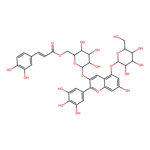 2D Structure of [(2R,3S,4R,5R,6S)-3,4,5-trihydroxy-6-[7-hydroxy-5-[(2S,3R,4S,5S,6R)-3,4,5-trihydroxy-6-(hydroxymethyl)oxan-2-yl]oxy-2-(3,4,5-trihydroxyphenyl)chromenylium-3-yl]oxyoxan-2-yl]methyl (E)-3-(3,4-dihydroxyphenyl)prop-2-enoate