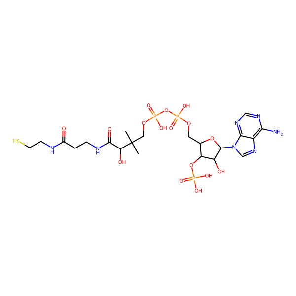 2D Structure of [[(2S,3S,4R,5R)-5-(6-aminopurin-9-yl)-4-hydroxy-3-phosphonooxyoxolan-2-yl]methoxy-hydroxyphosphoryl] [(3R)-3-hydroxy-2,2-dimethyl-4-oxo-4-[[3-oxo-3-(2-sulfanylethylamino)propyl]amino]butyl] hydrogen phosphate