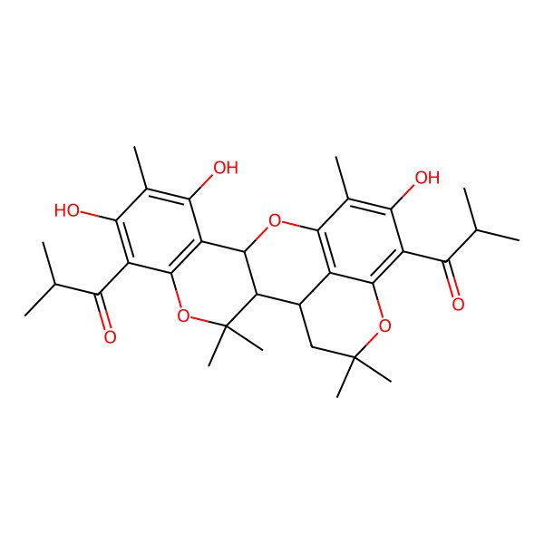 2D Structure of 2-methyl-1-[(1R,2R,11S)-7,9,15-trihydroxy-3,3,8,14,19,19-hexamethyl-16-(2-methylpropanoyl)-4,12,18-trioxapentacyclo[11.7.1.02,11.05,10.017,21]henicosa-5(10),6,8,13(21),14,16-hexaen-6-yl]propan-1-one