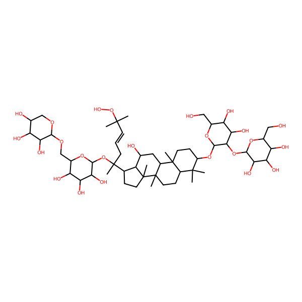 2D Structure of 2-[2-[[17-[6-hydroperoxy-6-methyl-2-[3,4,5-trihydroxy-6-[(3,4,5-trihydroxyoxan-2-yl)oxymethyl]oxan-2-yl]oxyhept-4-en-2-yl]-12-hydroxy-4,4,8,10,14-pentamethyl-2,3,5,6,7,9,11,12,13,15,16,17-dodecahydro-1H-cyclopenta[a]phenanthren-3-yl]oxy]-4,5-dihydroxy-6-(hydroxymethyl)oxan-3-yl]oxy-6-(hydroxymethyl)oxane-3,4,5-triol