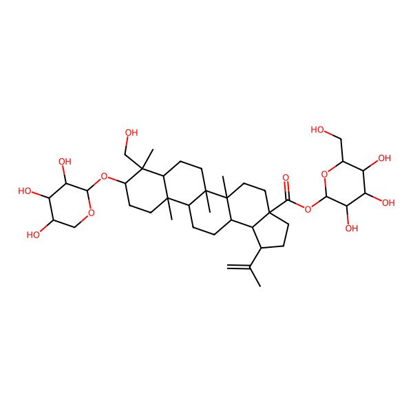 2D Structure of [(2S,3R,4S,5S,6R)-3,4,5-trihydroxy-6-(hydroxymethyl)oxan-2-yl] (1R,3aS,5aR,5bR,7aR,8R,9S,11aR,11bR,13aR,13bR)-8-(hydroxymethyl)-5a,5b,8,11a-tetramethyl-1-prop-1-en-2-yl-9-[(2S,3R,4S,5S)-3,4,5-trihydroxyoxan-2-yl]oxy-1,2,3,4,5,6,7,7a,9,10,11,11b,12,13,13a,13b-hexadecahydrocyclopenta[a]chrysene-3a-carboxylate