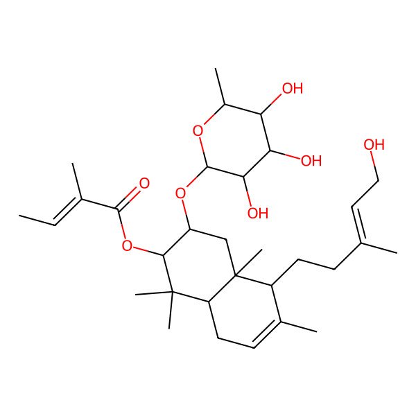 2D Structure of [(2S,3S,4aS,5R,8aS)-5-[(E)-5-hydroxy-3-methylpent-3-enyl]-1,1,4a,6-tetramethyl-3-[(2R,3R,4R,5R,6S)-3,4,5-trihydroxy-6-methyloxan-2-yl]oxy-2,3,4,5,8,8a-hexahydronaphthalen-2-yl] (Z)-2-methylbut-2-enoate