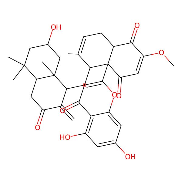 2D Structure of (4aR,8R,8aS)-8-[[(1R,4aS,7S,8aS)-7-hydroxy-5,5,8a-trimethyl-2-methylidene-3-oxo-1,4,4a,6,7,8-hexahydronaphthalen-1-yl]methyl]-8a-(5,7-dihydroxy-4-oxochromen-2-yl)-3-methoxy-7-methyl-5,8-dihydro-4aH-naphthalene-1,4-dione