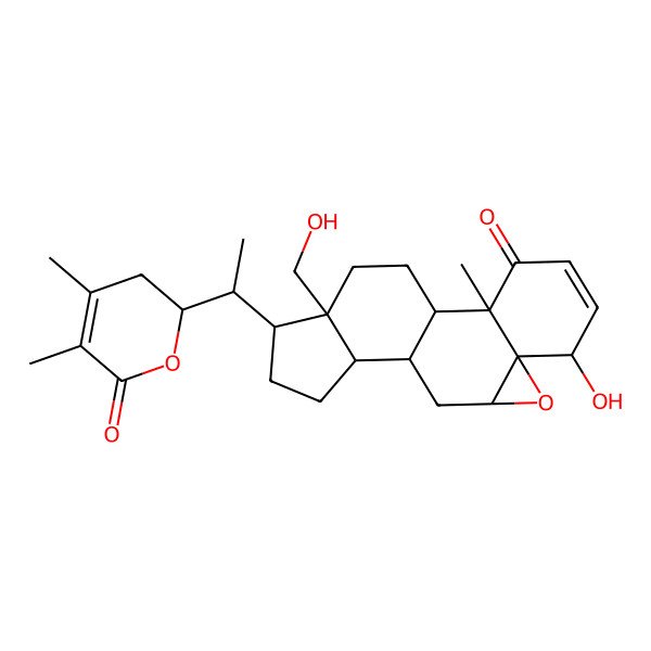 2D Structure of 15-[1-(4,5-Dimethyl-6-oxo-2,3-dihydropyran-2-yl)ethyl]-6-hydroxy-16-(hydroxymethyl)-2-methyl-8-oxapentacyclo[9.7.0.02,7.07,9.012,16]octadec-4-en-3-one