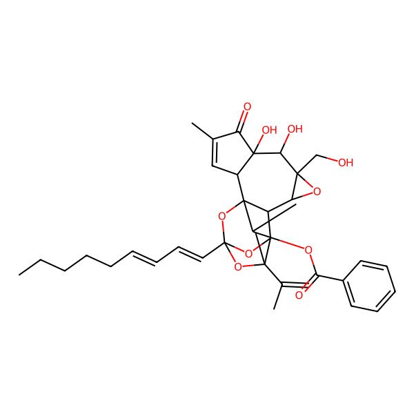 2D Structure of [(1R,2R,6S,7S,8R,10S,11S,12R,16R,17R,18R)-6,7-dihydroxy-8-(hydroxymethyl)-4,18-dimethyl-14-nona-1,3-dienyl-5-oxo-16-prop-1-en-2-yl-9,13,15,19-tetraoxahexacyclo[12.4.1.01,11.02,6.08,10.012,16]nonadec-3-en-17-yl] benzoate