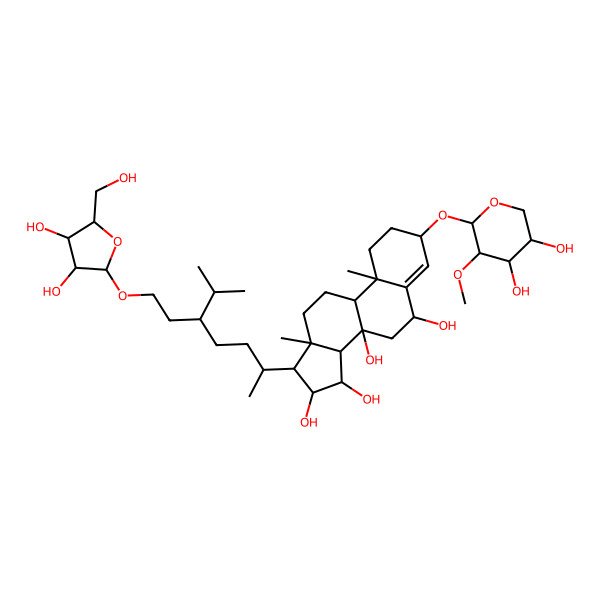 2D Structure of (3S,6R,8S,9R,10R,13R,14R,15R,16R,17R)-17-[(2R,5R)-5-[2-[(2R,3R,4R,5S)-3,4-dihydroxy-5-(hydroxymethyl)oxolan-2-yl]oxyethyl]-6-methylheptan-2-yl]-3-[(2S,3R,4S,5R)-4,5-dihydroxy-3-methoxyoxan-2-yl]oxy-10,13-dimethyl-1,2,3,6,7,9,11,12,14,15,16,17-dodecahydrocyclopenta[a]phenanthrene-6,8,15,16-tetrol