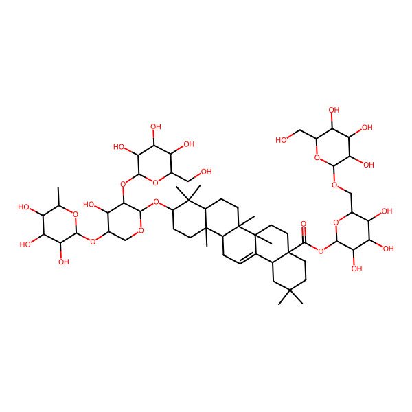 2D Structure of [(2S,3R,4S,5S,6R)-3,4,5-trihydroxy-6-[[(2R,3R,4S,5R,6R)-3,4,5-trihydroxy-6-(hydroxymethyl)oxan-2-yl]oxymethyl]oxan-2-yl] (4aS,6aR,6aS,6bR,8aR,10S,12aR,14bS)-10-[(2S,3R,4S,5S)-4-hydroxy-3-[(2S,3R,4S,5S,6R)-3,4,5-trihydroxy-6-(hydroxymethyl)oxan-2-yl]oxy-5-[(2S,3R,4R,5R,6S)-3,4,5-trihydroxy-6-methyloxan-2-yl]oxyoxan-2-yl]oxy-2,2,6a,6b,9,9,12a-heptamethyl-1,3,4,5,6,6a,7,8,8a,10,11,12,13,14b-tetradecahydropicene-4a-carboxylate