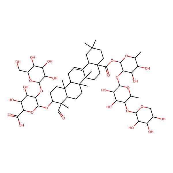 2D Structure of (2S,3S,4S,5R,6R)-6-[[(3S,4S,4aR,6aR,6bS,8aS,12aS,14aR,14bR)-8a-[(2S,3R,4S,5R,6R)-3-[(2S,3R,4S,5R,6S)-3,4-dihydroxy-6-methyl-5-[(2S,3R,4S,5R)-3,4,5-trihydroxyoxan-2-yl]oxyoxan-2-yl]oxy-4,5-dihydroxy-6-methyloxan-2-yl]oxycarbonyl-4-formyl-4,6a,6b,11,11,14b-hexamethyl-1,2,3,4a,5,6,7,8,9,10,12,12a,14,14a-tetradecahydropicen-3-yl]oxy]-3,4-dihydroxy-5-[(2S,3R,4S,5R,6R)-3,4,5-trihydroxy-6-(hydroxymethyl)oxan-2-yl]oxyoxane-2-carboxylic acid