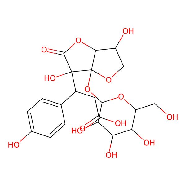 2D Structure of 3-[3,6-dihydroxy-5-oxo-6a-[3,4,5-trihydroxy-6-(hydroxymethyl)oxan-2-yl]oxy-3,3a-dihydro-2H-furo[3,2-b]furan-6-yl]-3-(4-hydroxyphenyl)propanoic acid