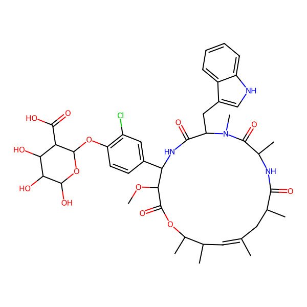 2D Structure of 2-[2-chloro-4-[7-(1H-indol-3-ylmethyl)-3-methoxy-8,10,13,15,17,18-hexamethyl-2,6,9,12-tetraoxo-1-oxa-5,8,11-triazacyclooctadec-15-en-4-yl]phenoxy]-4,5,6-trihydroxyoxane-3-carboxylic acid