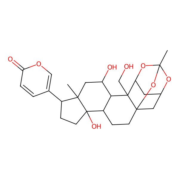 2D Structure of 5-[(1S,4R,5S,8R,9R,11R,12S,13R,14R,16R,18S)-5,11-dihydroxy-13-(hydroxymethyl)-9,16-dimethyl-15,17,20-trioxahexacyclo[14.3.1.114,18.01,13.04,12.05,9]henicosan-8-yl]pyran-2-one