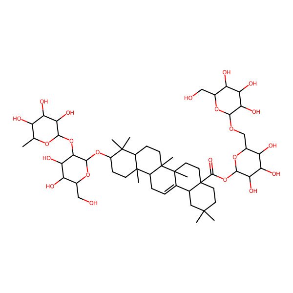 2D Structure of [(2R,3S,4R,5R,6S)-3,4,5-trihydroxy-6-[[(2S,3S,4R,5R,6S)-3,4,5-trihydroxy-6-(hydroxymethyl)oxan-2-yl]oxymethyl]oxan-2-yl] (4aS,6aR,6aS,6bR,8aR,10S,12aR,14bS)-10-[(2R,3R,4S,5S,6R)-4,5-dihydroxy-6-(hydroxymethyl)-3-[(2S,3R,4R,5R,6S)-3,4,5-trihydroxy-6-methyloxan-2-yl]oxyoxan-2-yl]oxy-2,2,6a,6b,9,9,12a-heptamethyl-1,3,4,5,6,6a,7,8,8a,10,11,12,13,14b-tetradecahydropicene-4a-carboxylate