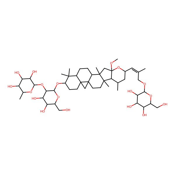 2D Structure of 2-[4,5-Dihydroxy-6-(hydroxymethyl)-2-[[10-methoxy-4,6,12,17,17-pentamethyl-8-[2-methyl-3-[3,4,5-trihydroxy-6-(hydroxymethyl)oxan-2-yl]oxyprop-1-enyl]-9-oxahexacyclo[11.9.0.01,21.04,12.05,10.016,21]docosan-18-yl]oxy]oxan-3-yl]oxy-6-methyloxane-3,4,5-triol