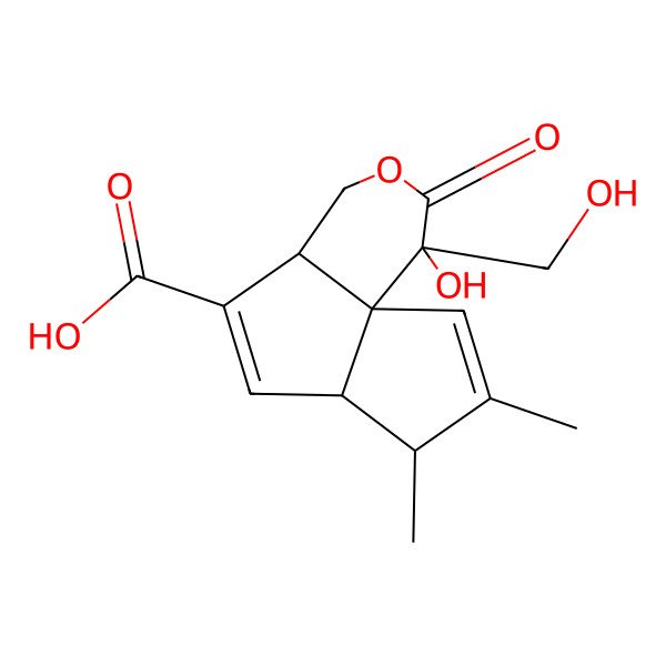 2D Structure of (4r,7r,7Ar,9ar)-4-hydroxy-4-(hydroxymethyl)-6,7-dimethyl-3-oxo-1,3,4,7,7a,9a-hexahydropentaleno[1,6a-c]pyran-9-carboxylic acid