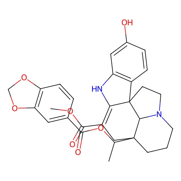 2D Structure of Methyl 12-[1-(1,3-benzodioxole-5-carbonyloxy)ethyl]-5-hydroxy-8,16-diazapentacyclo[10.6.1.01,9.02,7.016,19]nonadeca-2(7),3,5,9-tetraene-10-carboxylate