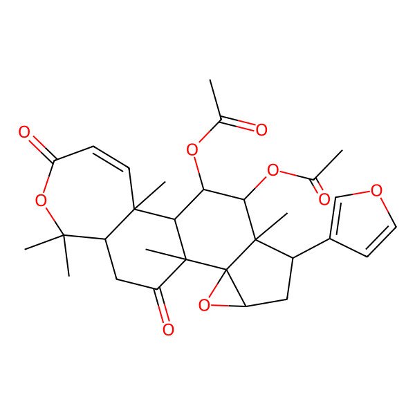 2D Structure of [(1R,2R,8R,11R,12R,14R,16S,17R,18R,19R)-18-acetyloxy-16-(furan-3-yl)-2,7,7,11,17-pentamethyl-5,10-dioxo-6,13-dioxapentacyclo[9.8.0.02,8.012,14.012,17]nonadec-3-en-19-yl] acetate