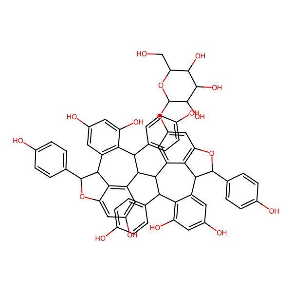 2D Structure of 9-[4,6-Dihydroxy-8,16-bis(4-hydroxyphenyl)-12-[3,4,5-trihydroxy-6-(hydroxymethyl)oxan-2-yl]oxy-15-oxatetracyclo[8.6.1.02,7.014,17]heptadeca-2(7),3,5,10(17),11,13-hexaen-9-yl]-8,16-bis(4-hydroxyphenyl)-15-oxatetracyclo[8.6.1.02,7.014,17]heptadeca-2(7),3,5,10(17),11,13-hexaene-4,6,12-triol