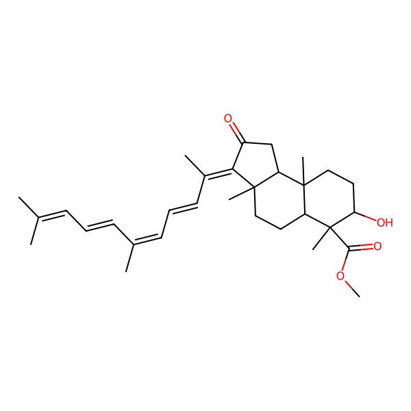 2D Structure of methyl (3E,3aS,5aR,6R,7R,9aR,9bS)-3-[(3E,5E,7E)-6,10-dimethylundeca-3,5,7,9-tetraen-2-ylidene]-7-hydroxy-3a,6,9a-trimethyl-2-oxo-1,4,5,5a,7,8,9,9b-octahydrocyclopenta[a]naphthalene-6-carboxylate