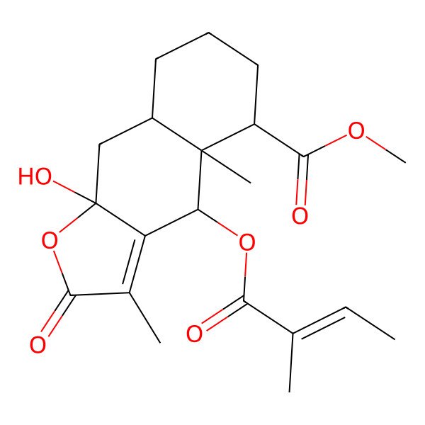 2D Structure of methyl 9a-hydroxy-3,4a-dimethyl-4-(2-methylbut-2-enoyloxy)-2-oxo-5,6,7,8,8a,9-hexahydro-4H-benzo[f][1]benzofuran-5-carboxylate