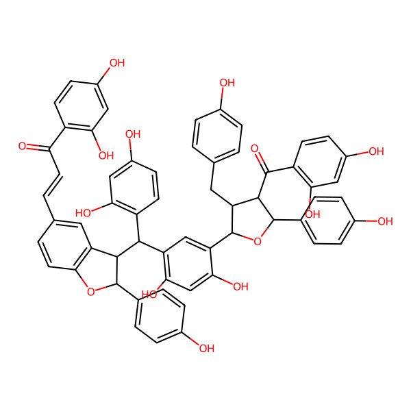 2D Structure of (E)-3-[(2R,3R)-3-[(R)-[5-[(2R,3S,4R,5S)-4-(2,4-dihydroxybenzoyl)-5-(4-hydroxyphenyl)-3-[(4-hydroxyphenyl)methyl]oxolan-2-yl]-2,4-dihydroxyphenyl]-(2,4-dihydroxyphenyl)methyl]-2-(4-hydroxyphenyl)-2,3-dihydro-1-benzofuran-5-yl]-1-(2,4-dihydroxyphenyl)prop-2-en-1-one