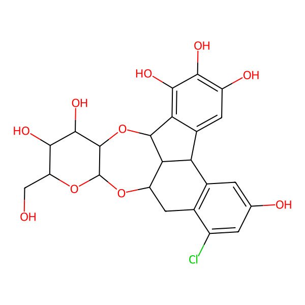 2D Structure of (1R,8R,16R,18R,20R,21S,22S,23R,25R)-13-chloro-20-(hydroxymethyl)-17,19,24-trioxahexacyclo[14.8.1.02,7.08,25.09,14.018,23]pentacosa-2,4,6,9(14),10,12-hexaene-3,4,5,11,21,22-hexol