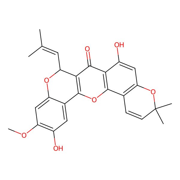 2D Structure of (15S)-11,20-dihydroxy-19-methoxy-7,7-dimethyl-15-(2-methylprop-1-enyl)-2,8,16-trioxapentacyclo[12.8.0.03,12.04,9.017,22]docosa-1(14),3(12),4(9),5,10,17,19,21-octaen-13-one