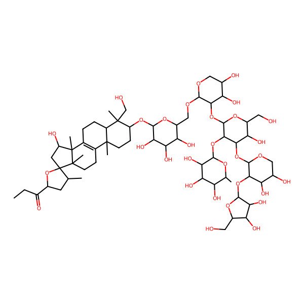 2D Structure of 1-[(2'S,3S,4S,4'R,5R,10S,13S,14S,15R,17S)-3-[(2R,3R,4S,5S,6R)-6-[[(2S,3R,4S,5S)-3-[(2S,3R,4S,5R,6R)-4-[(2S,3R,4S,5R)-3-[(2S,3R,4R,5S)-3,4-dihydroxy-5-(hydroxymethyl)oxolan-2-yl]oxy-4,5-dihydroxyoxan-2-yl]oxy-5-hydroxy-6-(hydroxymethyl)-3-[(2S,3R,4R,5R,6S)-3,4,5-trihydroxy-6-methyloxan-2-yl]oxyoxan-2-yl]oxy-4,5-dihydroxyoxan-2-yl]oxymethyl]-3,4,5-trihydroxyoxan-2-yl]oxy-15-hydroxy-4-(hydroxymethyl)-4,4',10,13,14-pentamethylspiro[1,2,3,5,6,7,11,12,15,16-decahydrocyclopenta[a]phenanthrene-17,5'-oxolane]-2'-yl]propan-1-one