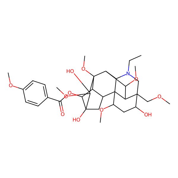 2D Structure of [11-Ethyl-5,7,14-trihydroxy-6,8,16,18-tetramethoxy-13-(methoxymethyl)-11-azahexacyclo[7.7.2.12,5.01,10.03,8.013,17]nonadecan-4-yl] 4-methoxybenzoate