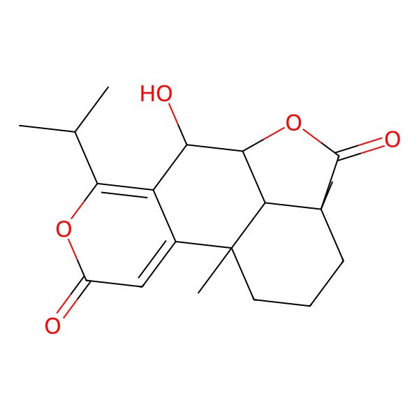 2D Structure of 8-Hydroxy-1,12-dimethyl-6-propan-2-yl-5,10-dioxatetracyclo[7.6.1.02,7.012,16]hexadeca-2,6-diene-4,11-dione