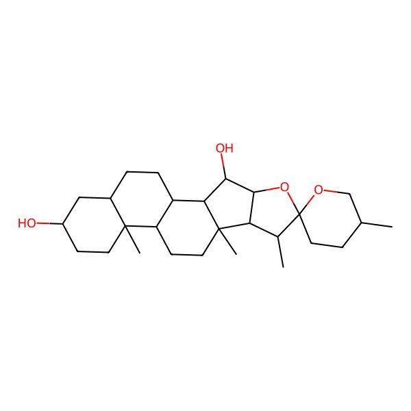 2D Structure of (1R,2S,3R,4R,5'R,6R,7S,8R,9S,12S,13S,16R,18S)-5',7,9,13-tetramethylspiro[5-oxapentacyclo[10.8.0.02,9.04,8.013,18]icosane-6,2'-oxane]-3,16-diol