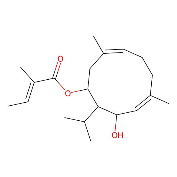 2D Structure of [(1S,3E,7E,9S,10S)-9-hydroxy-3,7-dimethyl-10-propan-2-ylcyclodeca-3,7-dien-1-yl] (E)-2-methylbut-2-enoate