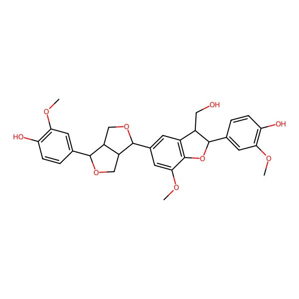 2D Structure of 4-[(3S,3aS,6S,6aS)-6-[(2S,3S)-2-(4-hydroxy-3-methoxyphenyl)-3-(hydroxymethyl)-7-methoxy-2,3-dihydro-1-benzofuran-5-yl]-1,3,3a,4,6,6a-hexahydrofuro[3,4-c]furan-3-yl]-2-methoxyphenol