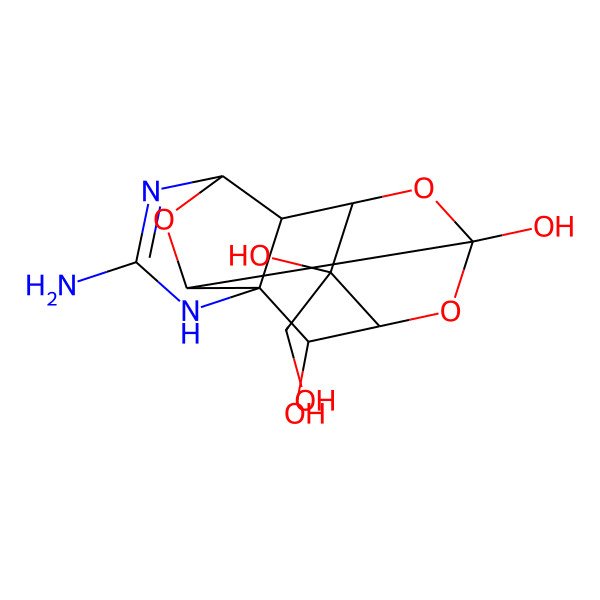 2D Structure of 7-Amino-2-(hydroxymethyl)-10,13,15-trioxa-6,8-diazapentacyclo[7.4.1.13,12.05,11.05,14]pentadec-7-ene-2,4,12-triol