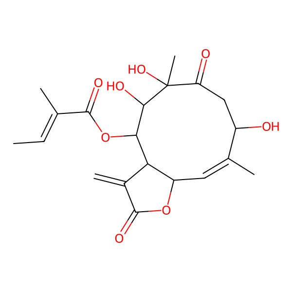 2D Structure of (5,6,9-Trihydroxy-6,10-dimethyl-3-methylidene-2,7-dioxo-3a,4,5,8,9,11a-hexahydrocyclodeca[b]furan-4-yl) 2-methylbut-2-enoate