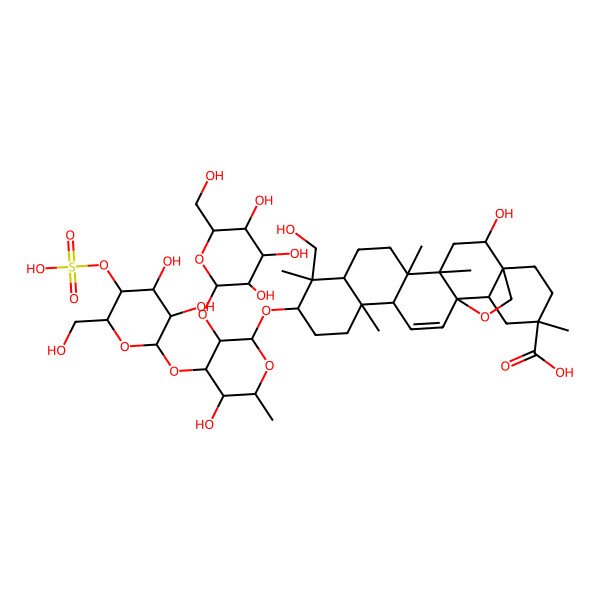 2D Structure of (2S,4S,5R,8R,9R,10S,13S,14R,17R,18R,20R)-10-[(2R,3R,4S,5S,6R)-4-[(2S,3R,4R,5S,6R)-3,4-dihydroxy-6-(hydroxymethyl)-5-sulfooxyoxan-2-yl]oxy-5-hydroxy-6-methyl-3-[(2S,3R,4S,5S,6R)-3,4,5-trihydroxy-6-(hydroxymethyl)oxan-2-yl]oxyoxan-2-yl]oxy-2-hydroxy-9-(hydroxymethyl)-4,5,9,13,20-pentamethyl-24-oxahexacyclo[15.5.2.01,18.04,17.05,14.08,13]tetracos-15-ene-20-carboxylic acid
