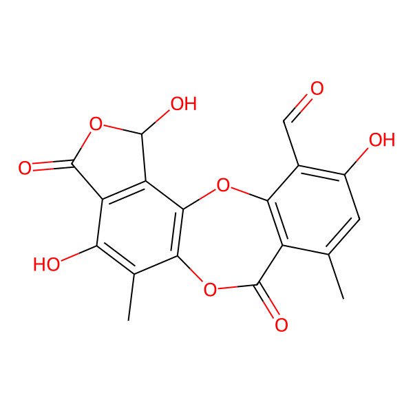 2D Structure of (17R)-5,13,17-trihydroxy-7,12-dimethyl-9,15-dioxo-2,10,16-trioxatetracyclo[9.7.0.03,8.014,18]octadeca-1(11),3(8),4,6,12,14(18)-hexaene-4-carbaldehyde
