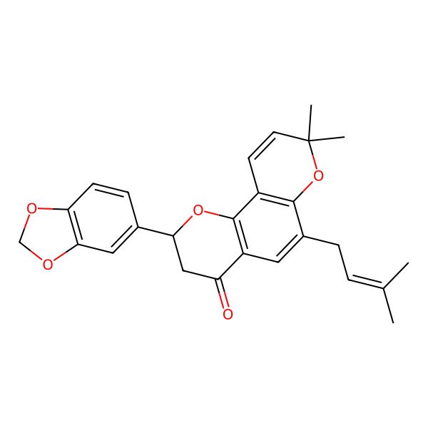 2D Structure of (2S)-2-(1,3-benzodioxol-5-yl)-8,8-dimethyl-6-(3-methylbut-2-enyl)-2,3-dihydropyrano[2,3-h]chromen-4-one
