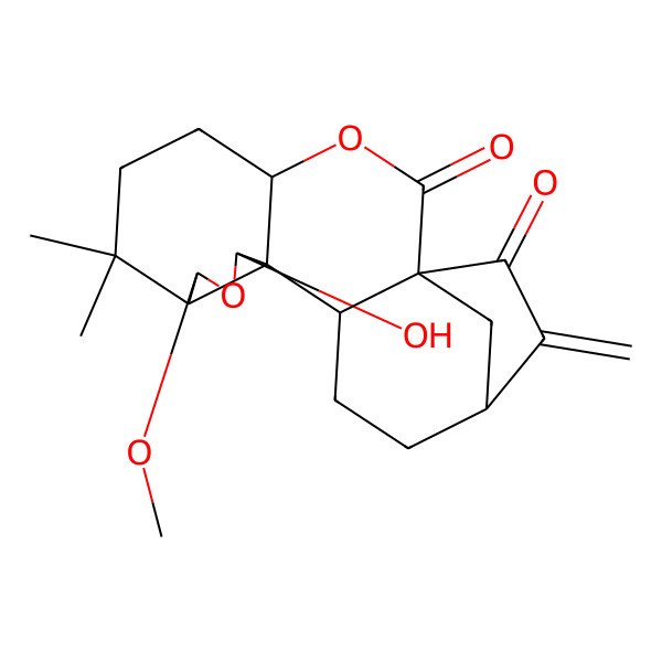2D Structure of 11-Hydroxy-9-methoxy-7,7-dimethyl-17-methylidene-3,10-dioxapentacyclo[14.2.1.01,13.04,12.08,12]nonadecane-2,18-dione