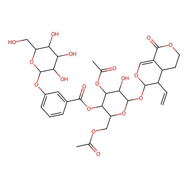 2D Structure of [4-acetyloxy-2-(acetyloxymethyl)-6-[(4-ethenyl-8-oxo-4,4a,5,6-tetrahydro-3H-pyrano[3,4-c]pyran-3-yl)oxy]-5-hydroxyoxan-3-yl] 3-[3,4,5-trihydroxy-6-(hydroxymethyl)oxan-2-yl]oxybenzoate