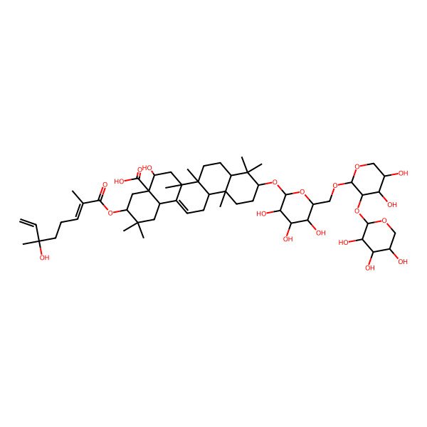 2D Structure of 10-[6-[[4,5-Dihydroxy-3-(3,4,5-trihydroxyoxan-2-yl)oxyoxan-2-yl]oxymethyl]-3,4,5-trihydroxyoxan-2-yl]oxy-5-hydroxy-3-(6-hydroxy-2,6-dimethylocta-2,7-dienoyl)oxy-2,2,6a,6b,9,9,12a-heptamethyl-1,3,4,5,6,6a,7,8,8a,10,11,12,13,14b-tetradecahydropicene-4a-carboxylic acid