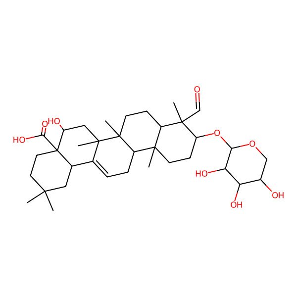 2D Structure of 9-Formyl-5-hydroxy-2,2,6a,6b,9,12a-hexamethyl-10-(3,4,5-trihydroxyoxan-2-yl)oxy-1,3,4,5,6,6a,7,8,8a,10,11,12,13,14b-tetradecahydropicene-4a-carboxylic acid