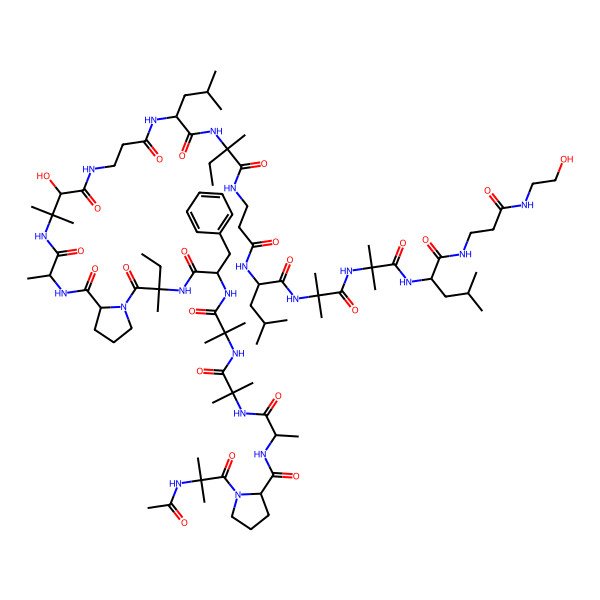 2D Structure of 1-(2-acetamido-2-methylpropanoyl)-N-[1-[[1-[[1-[[1-[[1-[2-[[1-[[3-hydroxy-4-[[3-[[1-[[1-[[3-[[1-[[1-[[1-[[1-[[3-(2-hydroxyethylamino)-3-oxopropyl]amino]-4-methyl-1-oxopentan-2-yl]amino]-2-methyl-1-oxopropan-2-yl]amino]-2-methyl-1-oxopropan-2-yl]amino]-4-methyl-1-oxopentan-2-yl]amino]-3-oxopropyl]amino]-2-methyl-1-oxobutan-2-yl]amino]-4-methyl-1-oxopentan-2-yl]amino]-3-oxopropyl]amino]-2-methyl-4-oxobutan-2-yl]amino]-1-oxopropan-2-yl]carbamoyl]pyrrolidin-1-yl]-2-methyl-1-oxobutan-2-yl]amino]-1-oxo-3-phenylpropan-2-yl]amino]-2-methyl-1-oxopropan-2-yl]amino]-2-methyl-1-oxopropan-2-yl]amino]-1-oxopropan-2-yl]pyrrolidine-2-carboxamide