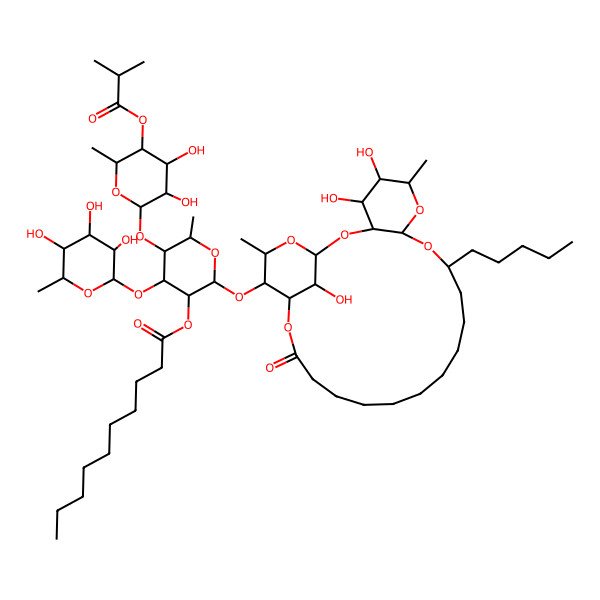 2D Structure of [(2S,3R,4R,5S,6S)-5-[(2S,3R,4S,5R,6S)-3,4-dihydroxy-6-methyl-5-(2-methylpropanoyloxy)oxan-2-yl]oxy-6-methyl-2-[[(1S,3R,4S,5R,6R,8R,10S,22S,23S,24S,26R)-4,5,26-trihydroxy-6,24-dimethyl-20-oxo-10-pentyl-2,7,9,21,25-pentaoxatricyclo[20.3.1.03,8]hexacosan-23-yl]oxy]-4-[(2S,3R,4R,5R,6S)-3,4,5-trihydroxy-6-methyloxan-2-yl]oxyoxan-3-yl] decanoate