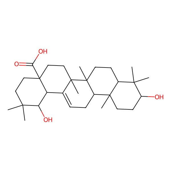2D Structure of (1S,4aR,6aR,6aS,6bR,8aR,10R,12aR,14bR)-1,10-dihydroxy-2,2,6a,6b,9,9,12a-heptamethyl-1,3,4,5,6,6a,7,8,8a,10,11,12,13,14b-tetradecahydropicene-4a-carboxylic acid